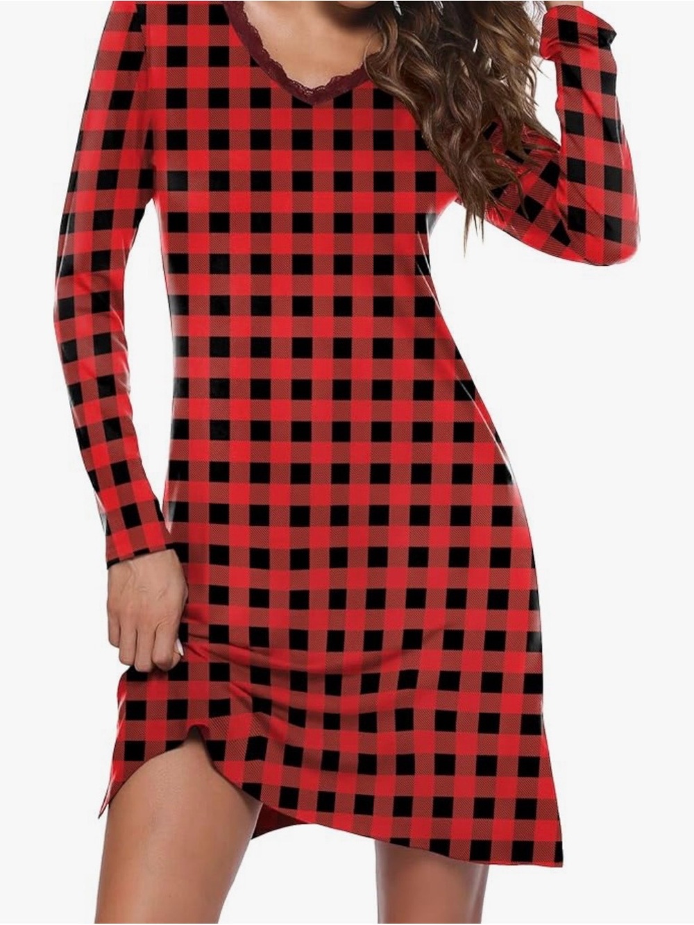 Red and Black Plaid Long-Sleeve Women's Dress